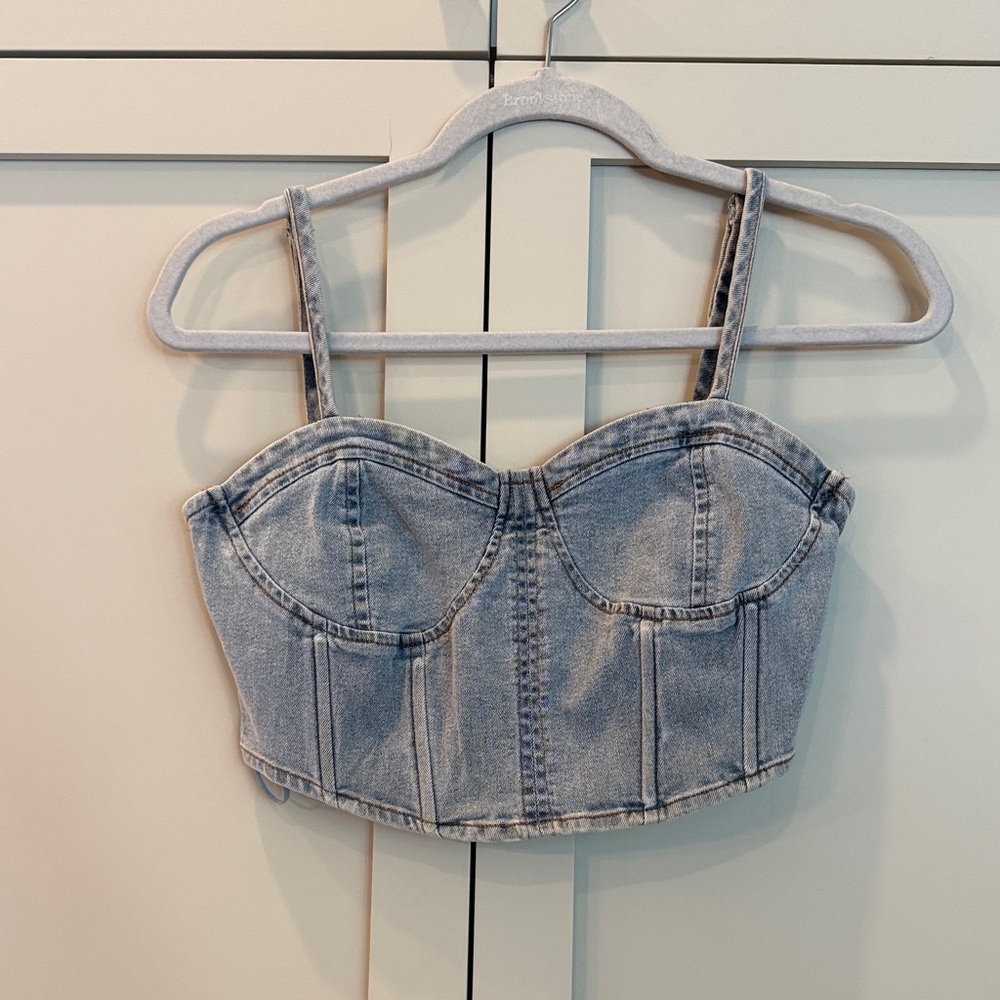 VICI Light Wash Denim Bustier Crop Top - Women